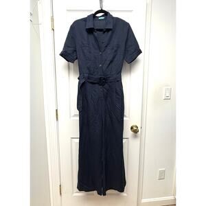NWOT J McLaughlin Navy Blue Linen Lyocell Belted Jumpsuit Button Front
 Womens 8